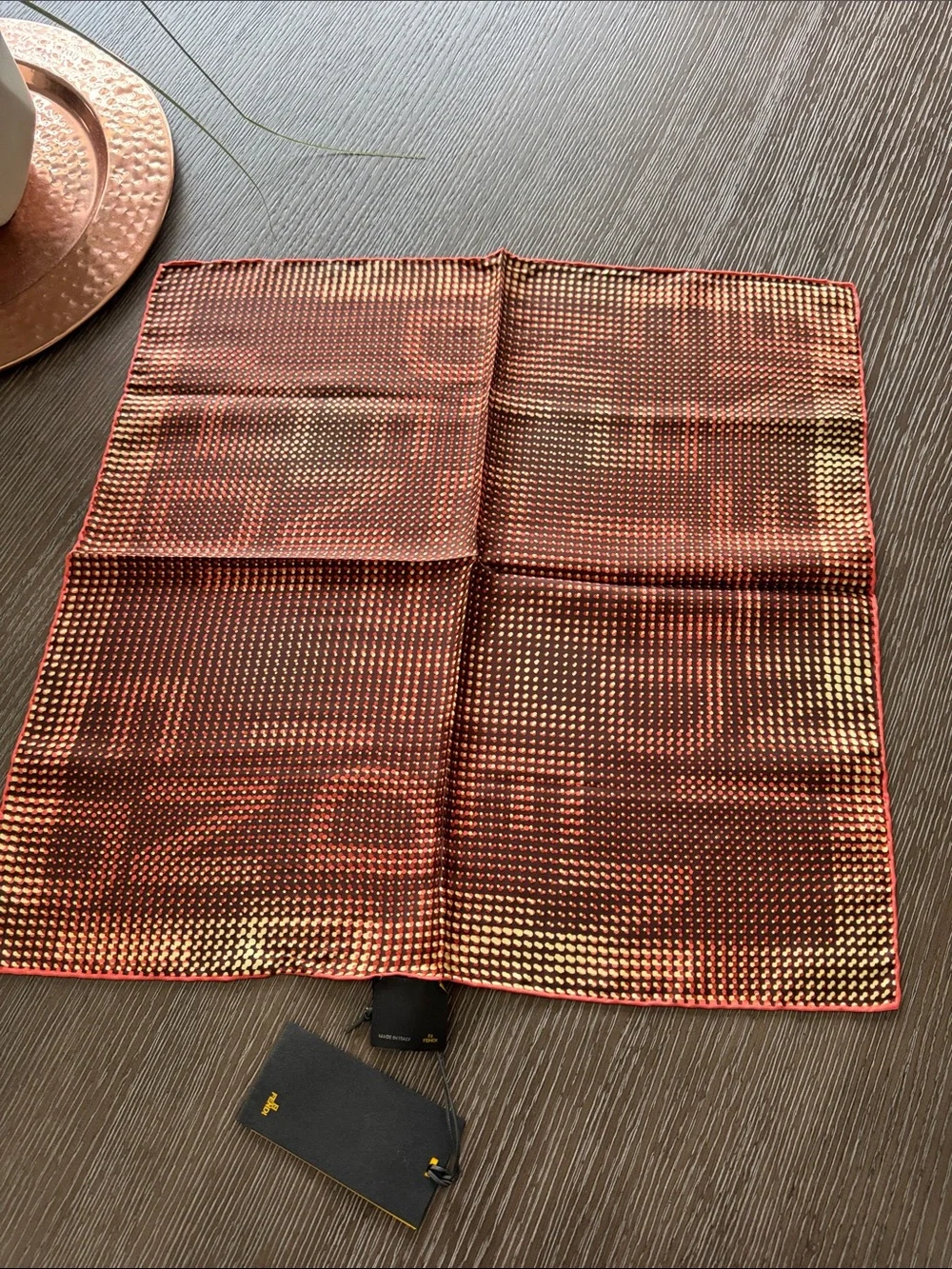 Fendi NWT 100% Silk Square Scarf Logo printed in Burnt Orange Yellow